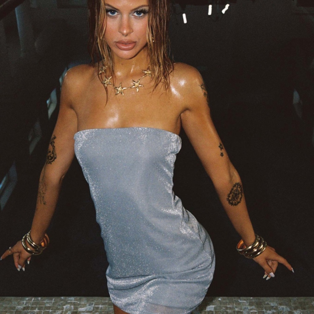 Chromatica Strapless Mini Dress Silver